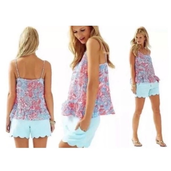 Lilly Pulitzer Coral Pink Blue Sun Ray Ruffled Peplum Tank Top Shirt Cami XL NWT - Picture 2 of 11